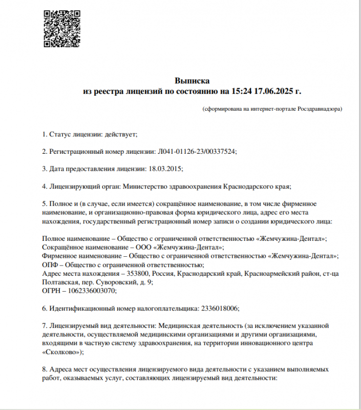 Выписка из реестра лицензий       (на 17.06.2025)